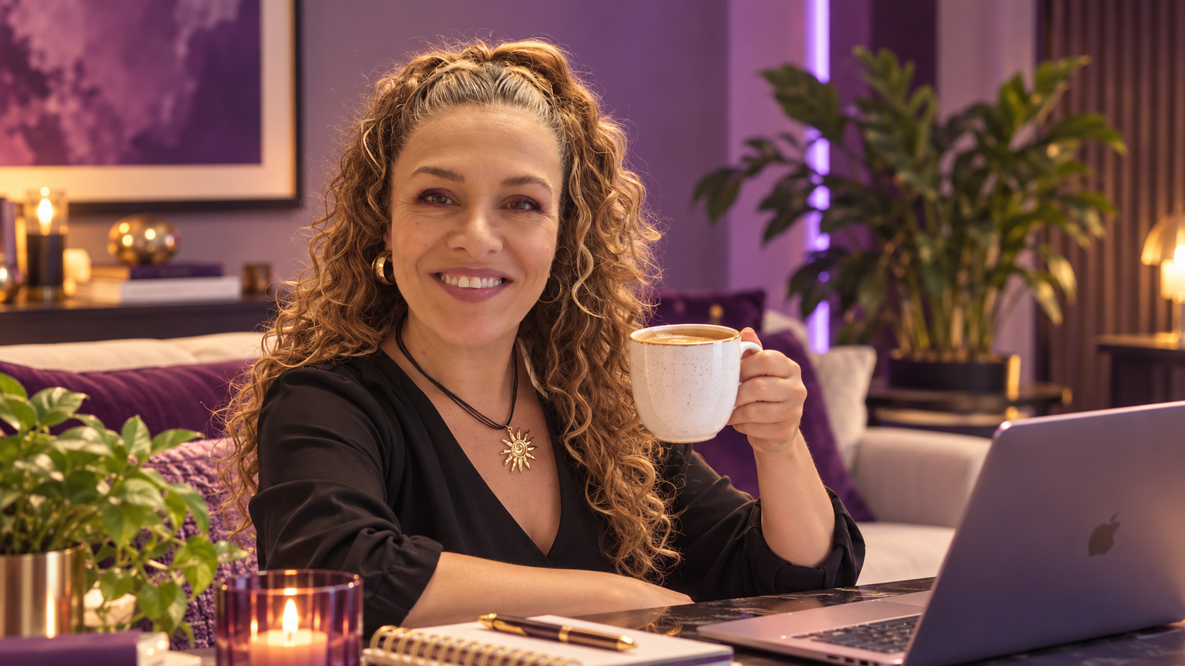 Sandra Echeverri sonriendo con una taza de café