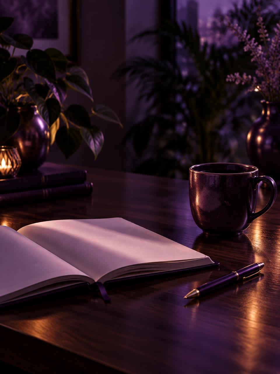 Cuaderno abierto, taza y plantas en un ambiente cálido con luz violeta